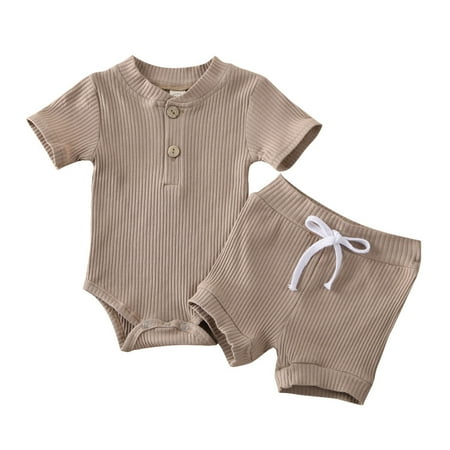 

COUTEXYI 2 Pcs Baby Girls Outfits Infant Toddler Solid Short Sleeve Romper + Strap Shorts Clothes Set 0-24M