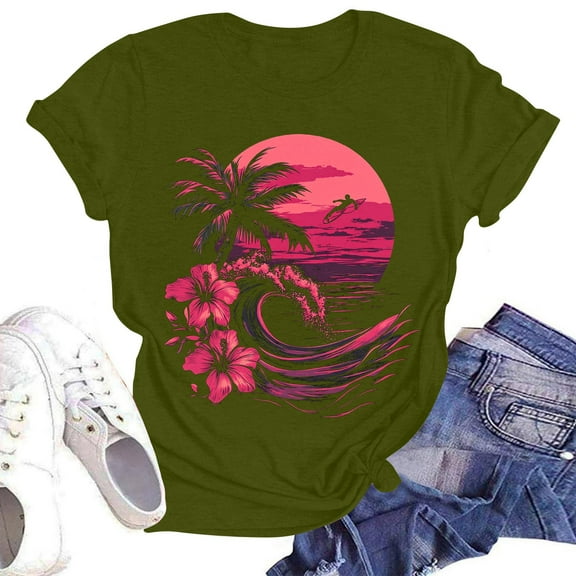 NAMTYQX Womens Oversized Tee Shirts Crewneck Plus Size Basic Graphic Cool Short Sleeve Gemustertes Loose Stretchy Blouses for Women Army Green Size L