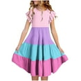 thumbnail image 1 of NTACZA Robes à Volants pour Filles à Blocs de Couleur Midi Robes d'Anniversaire Fluides Coupe Trapèze Col Ras du Cou Robe d'Été Jeunesse 7 Ans, 1 of 8