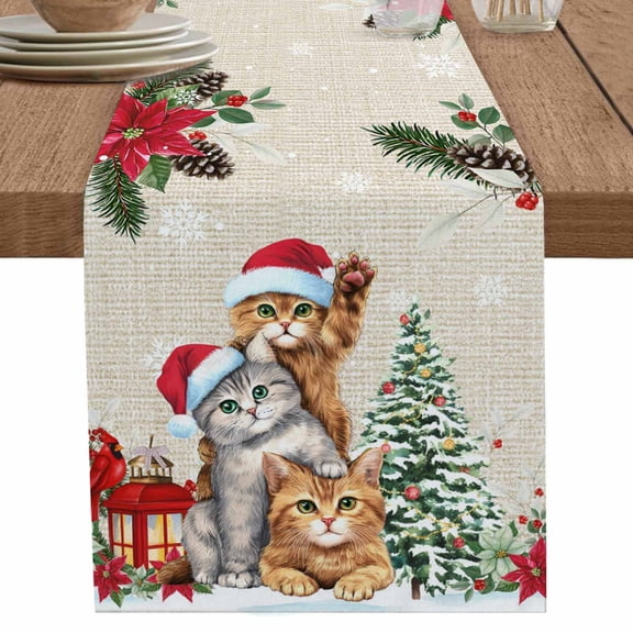 nqOlkjepod Christmas Cats Table Runner 72 Inches Long Farmhouse Dress Scarves, Xmas Tree Poinsettia Botanical Linen Texture Dining Tablerunner for Coffee Table/Kitchen Island/Party Décor, 13" x 72"