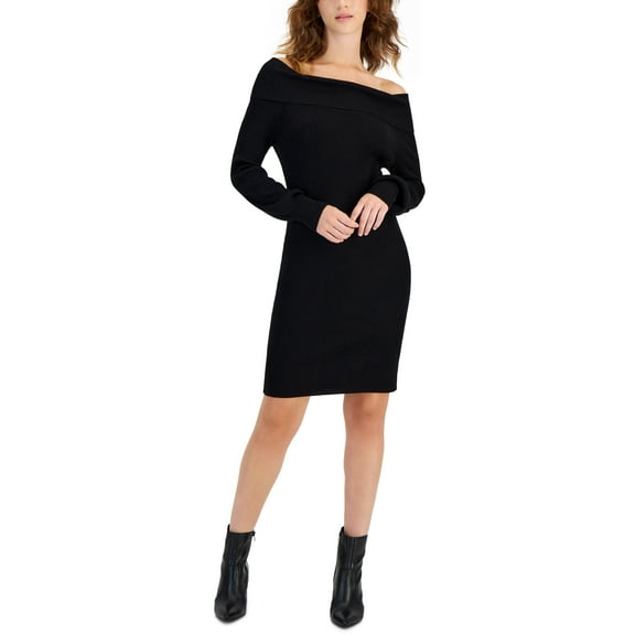 Juniors' Off-The-Shoulder Long-Sleeve Sweater Dress Black M