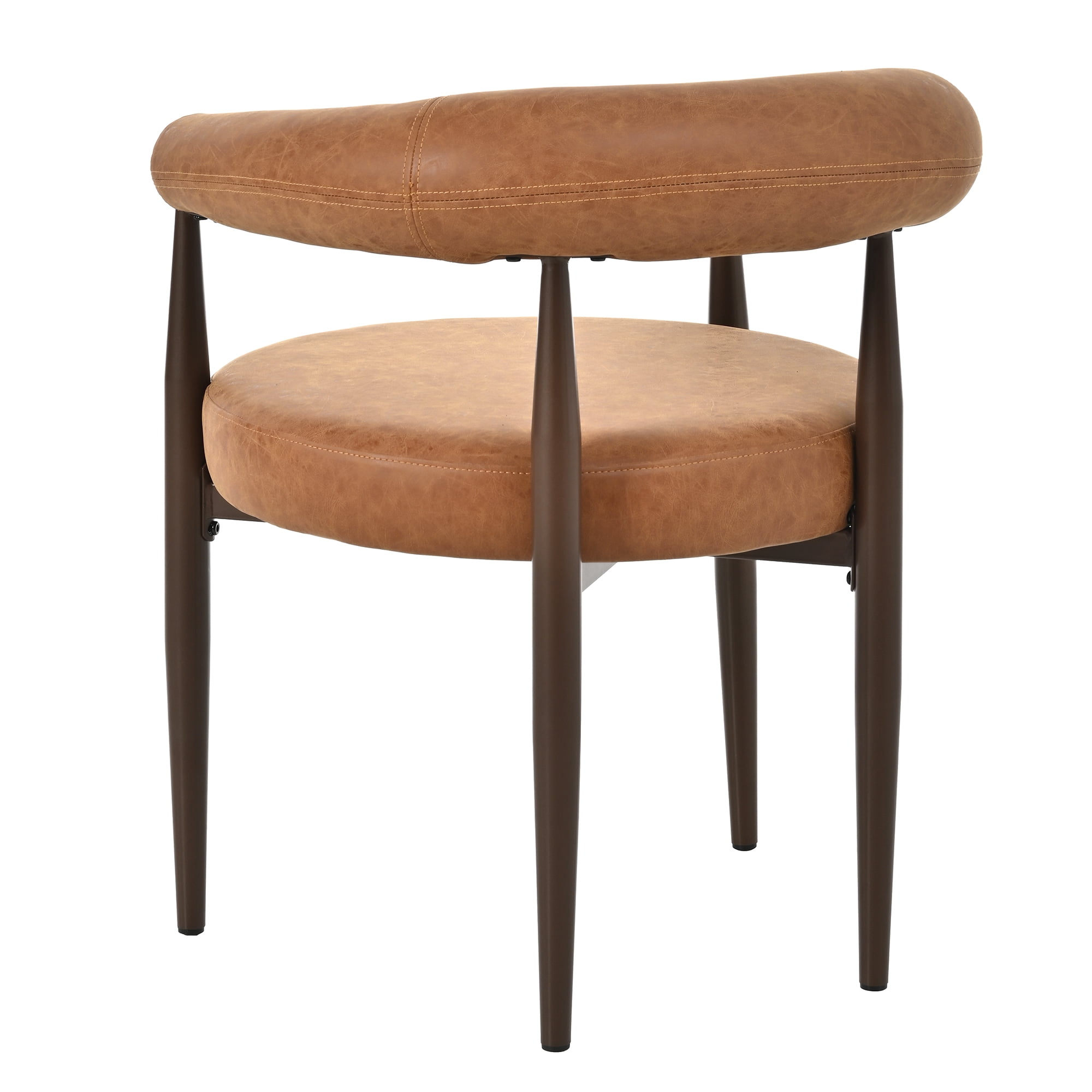 2 Pcs Curved Back Dining Chairs, Iron Frame Upholstered PU Leather Accent Side Chairs, Reddish Brown Coffee-Gold Vintage Barrel Dining Arm Chairs for Kitchen Dining Room Restaurant