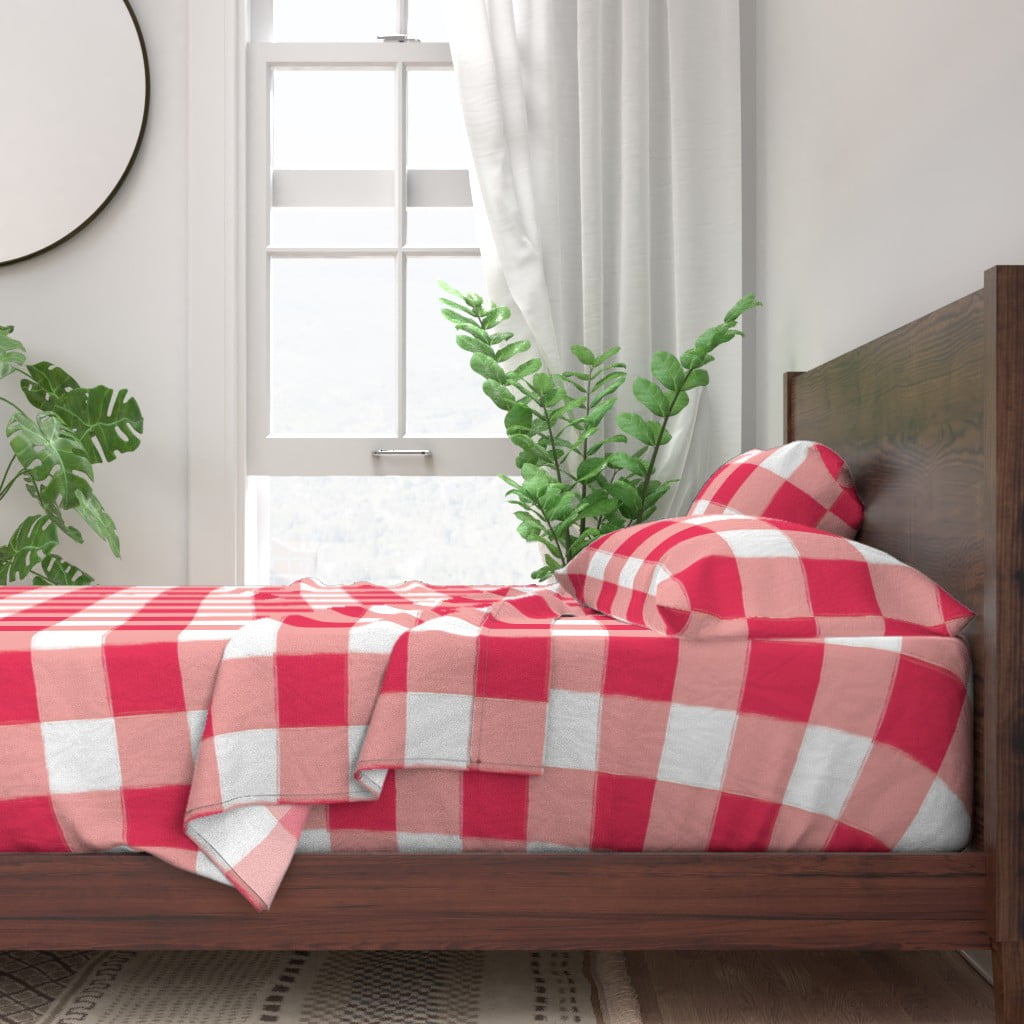 Large Gingham Plaid Buffalo Check Red 100 Cotton Sateen Sheet Set By