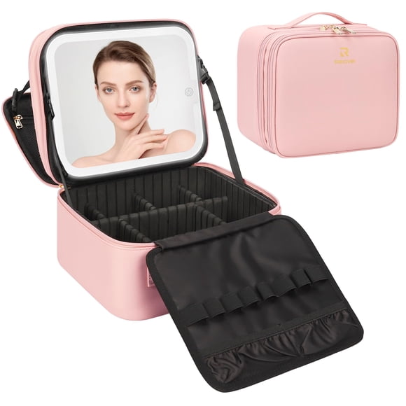 Bolsa de maquillaje Relavel con espejo LED recargable, color rosa claro