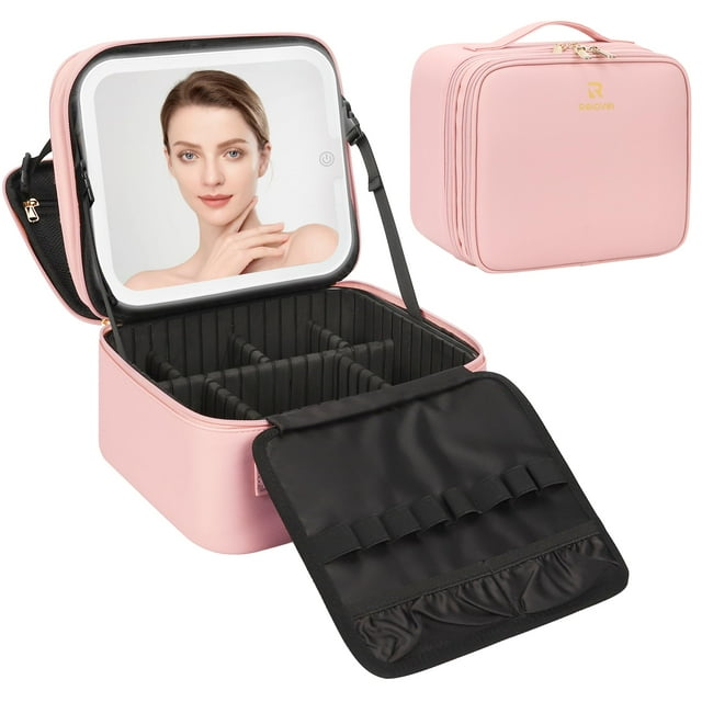 Bolsa de maquillaje Relavel con espejo LED recargable, color rosa claro