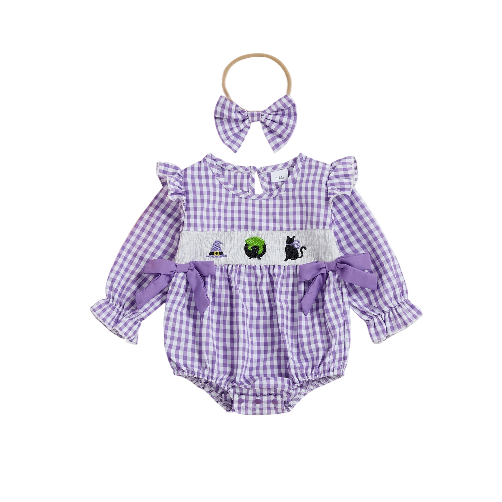 BemeyourBBs Baby Girl Halloween Plaid Romper Long Sleeve Romper Headband