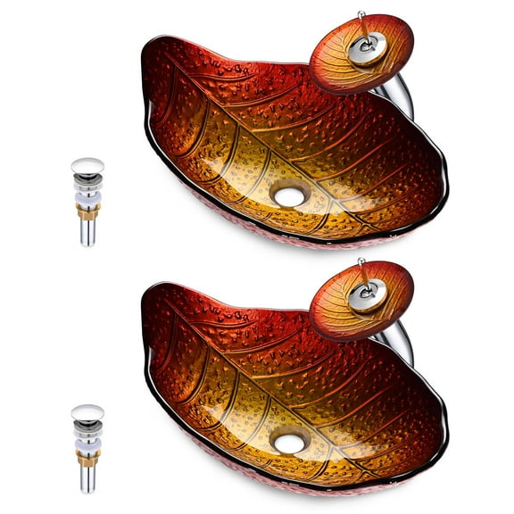 Aquaterior 2 Pack Transitional Leaf Tempered Glass Vessel Sink Waterfall Faucet