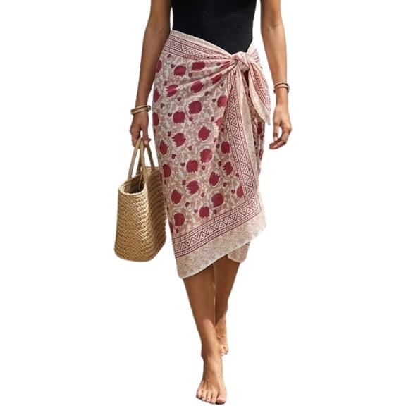 100% Cotton Sarong Cover Up for Women Pink Indian Block Print Beach Wrap Skirt Long Boho Swimsuit Bikini Pareo (72”x42”)