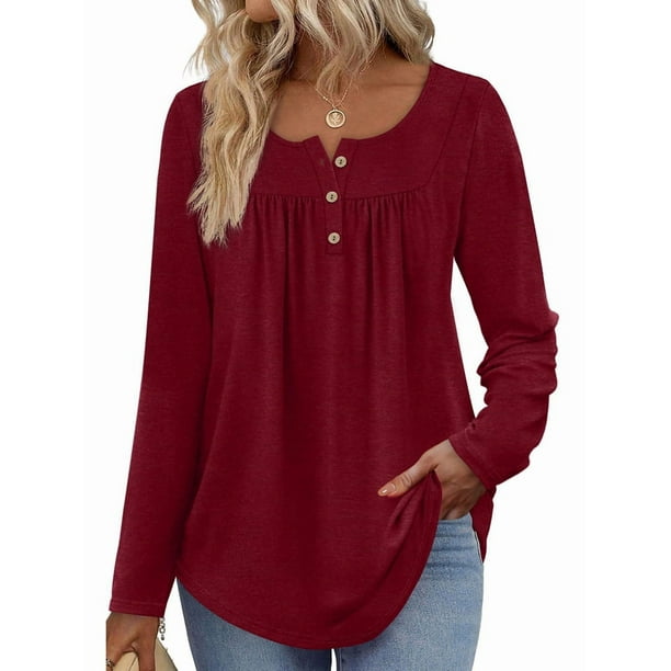 Camisas de Larga para Mujer, Conjuntos de Otoño, Cuello Redondo, Túnicas Casuales, Blusas de Moda, Ropa de Moda. Vino Tinto L