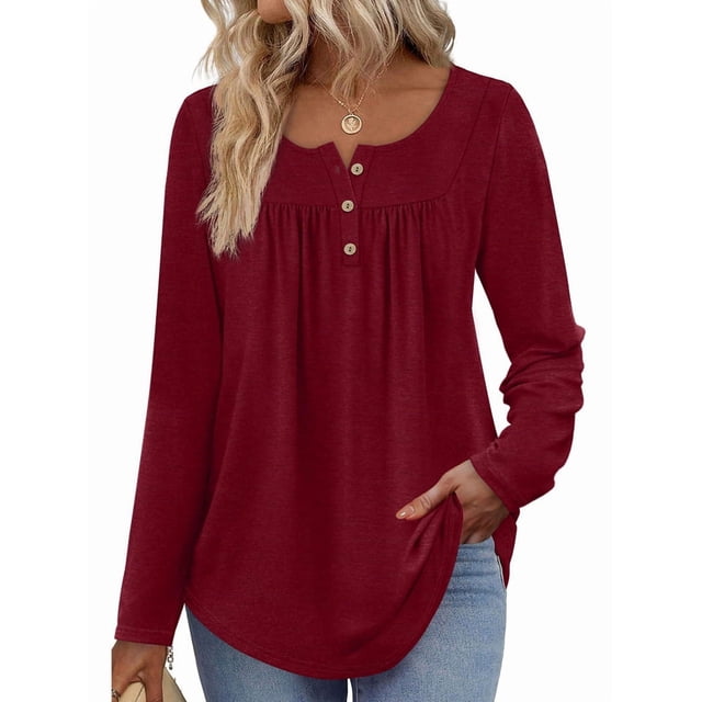Camisas de Larga para Mujer, Conjuntos de Otoño, Cuello Redondo, Túnicas Casuales, Blusas de Moda, Ropa de Moda. Vino Tinto M