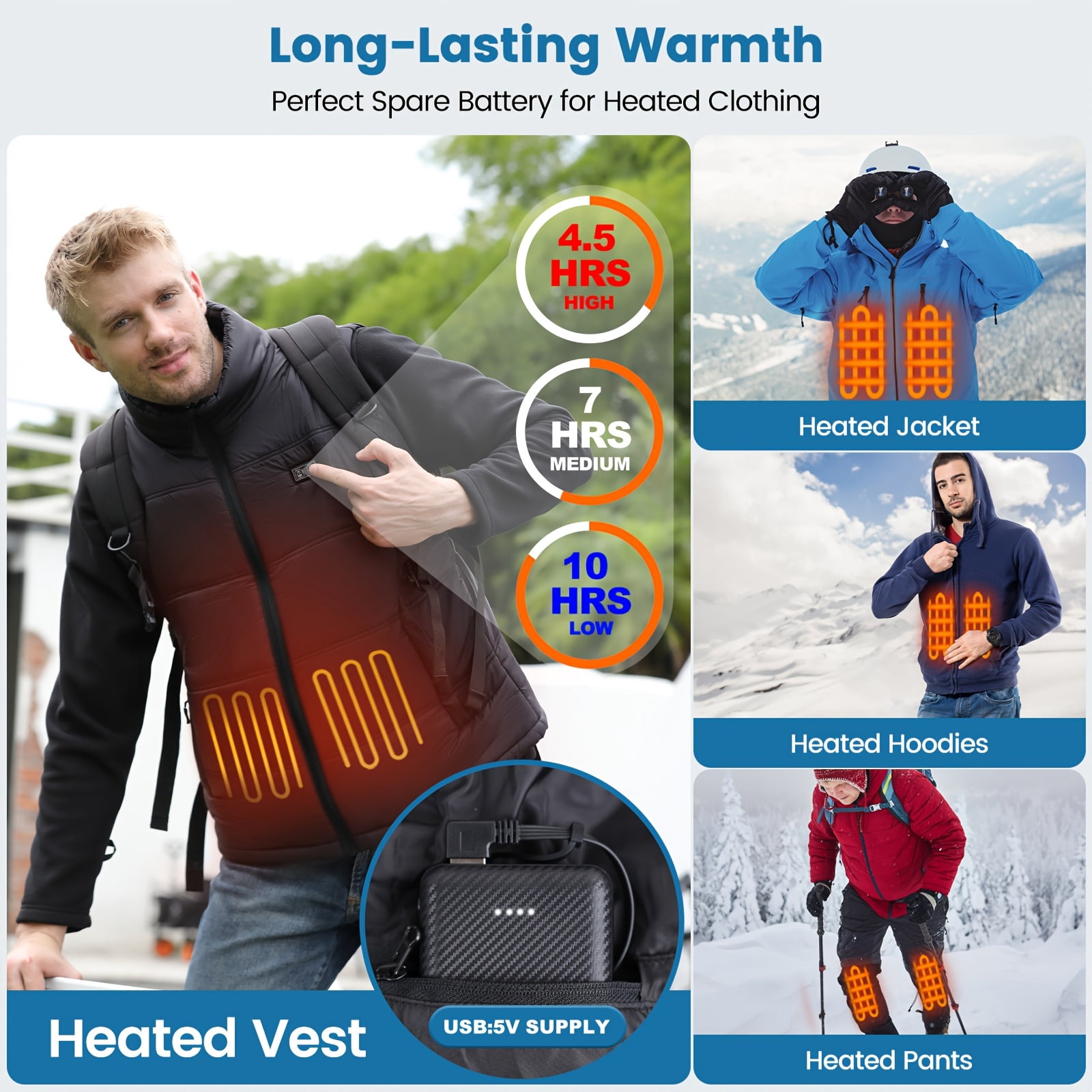 12000Mah Small Portable Phone Charger, 5V/2.4A Heated Vest/Jacket Battery Packs Dual USB Power Bank for Iphone Android Ipad Switch And Tablets