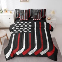 Feelyou Ice Hockey Lover Bedding Comforter Set 7 Pieces for Boys, Sports Player Full Bedding Set, Vintage American Flag Reversible Fitted Sheet Flat Sheet, Lightweight Room Decor