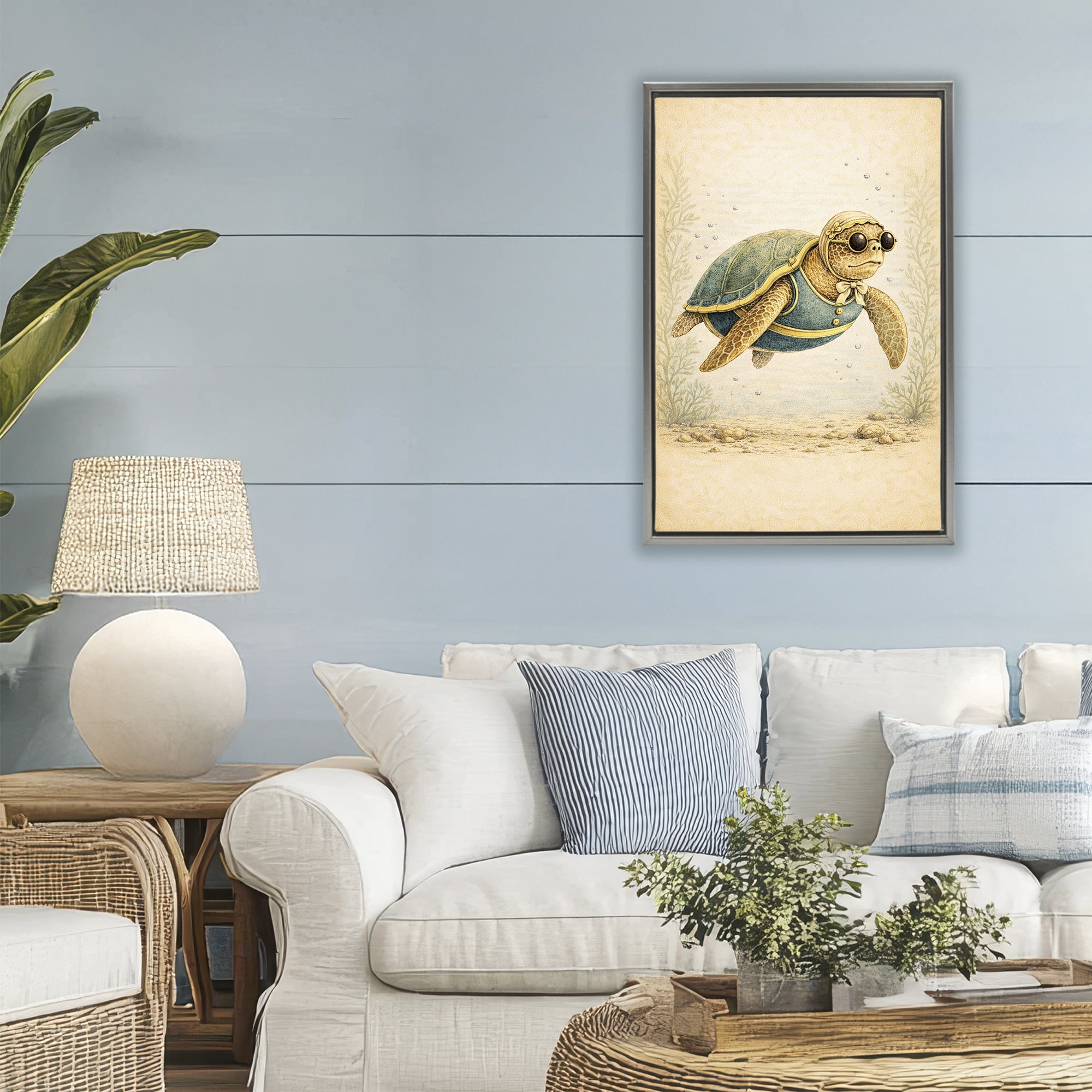 Stupell Industries Maritime Bathing Society Turtle Gray Framed Floater Canvas Wall Art, design by Grotto Studios