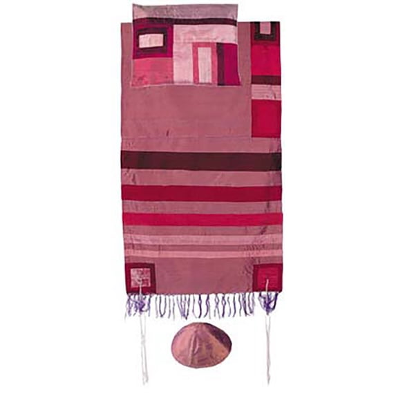 Yair Emanuel Raw Silk Tallit Set with Stripes - Maroon on Maroon 55" x 77"