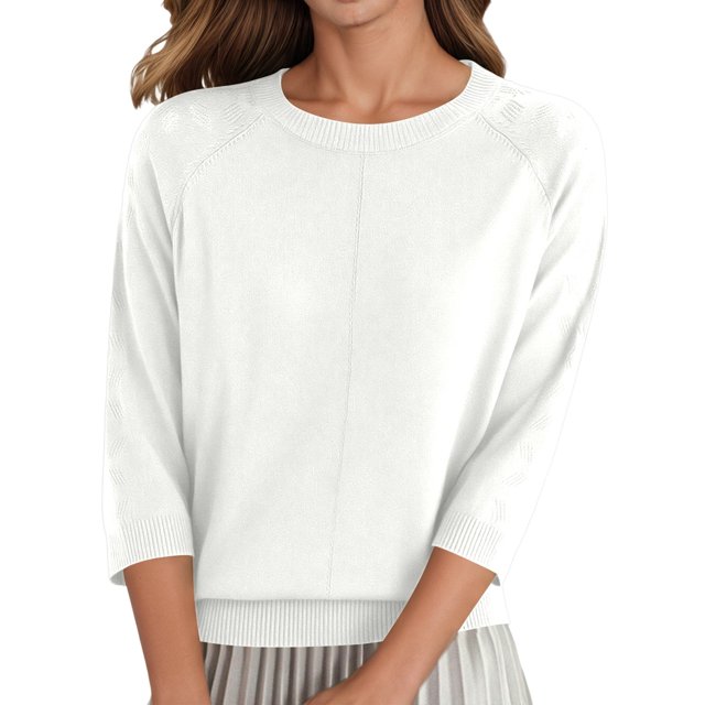 Krdevn Chandail-Over Décontracté pour Femmes Couleur Unie Col Rond Manches Trois-Quarts Doux Confortable Léger, Taille : TG