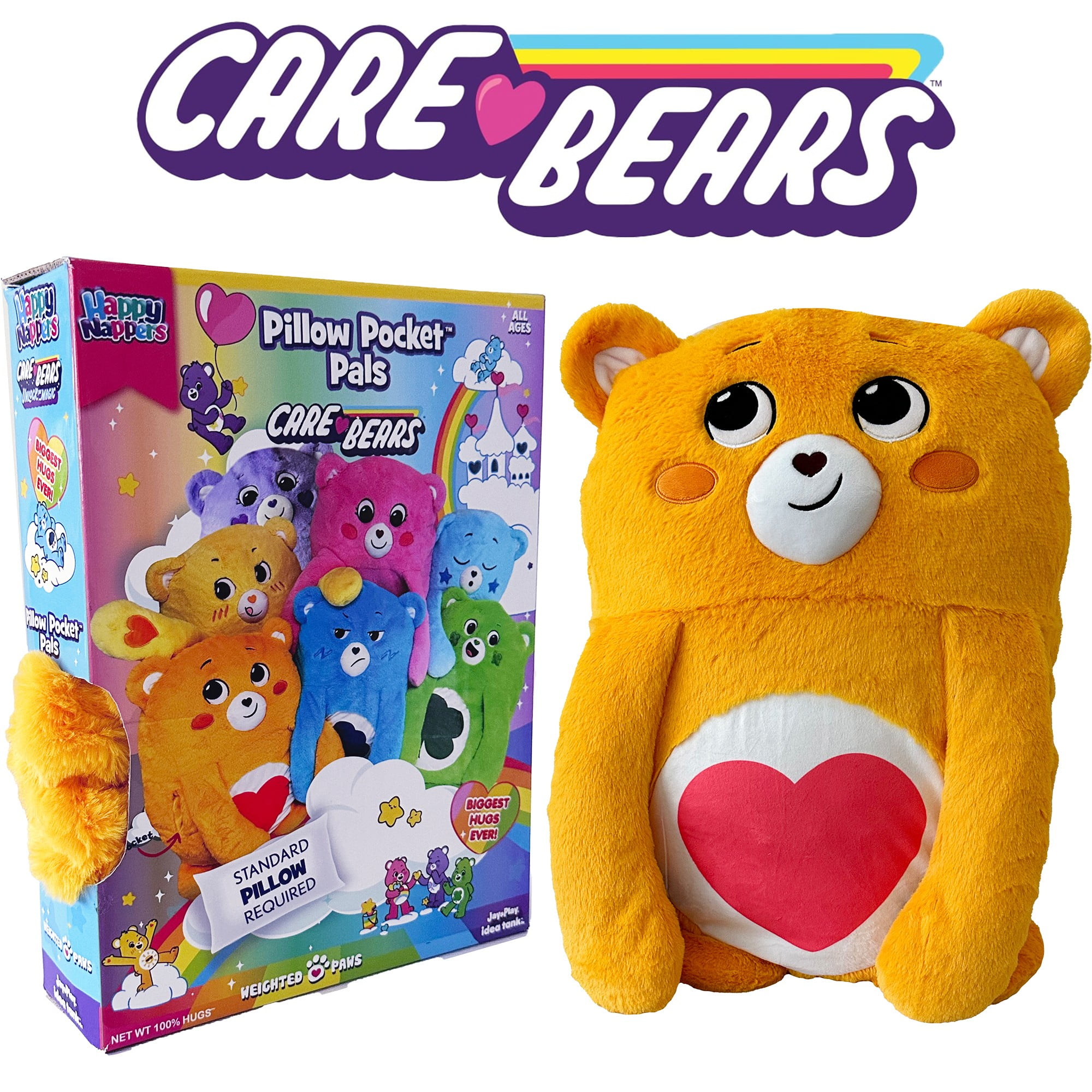 Happy Nappers: Care Bears Pillow Pocket Pal - Tenderheart Bear - Plush Character Pillow Case, Animal Cover w/ Weighted Paws, Huggable Companion, Kids