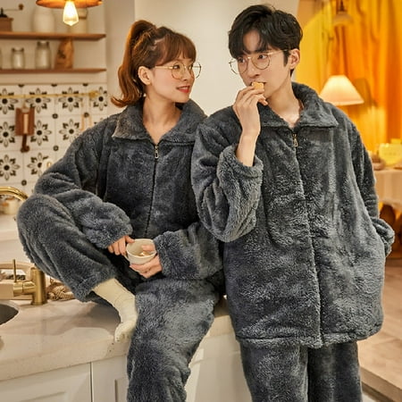 

PIKADINGNIS Autumn Winter Warm Flannel Zipper Couple Pajamas Set Women Sleepwear Family Pijama Lover Homewear Cloth Women Casual Men Pyjamas