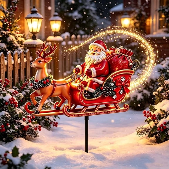 AURIGATE Christmas Santa Sleigh LED Light, 11.81 in Illuminated Ground Stake Decor for Outdoor Yard Patio Garden