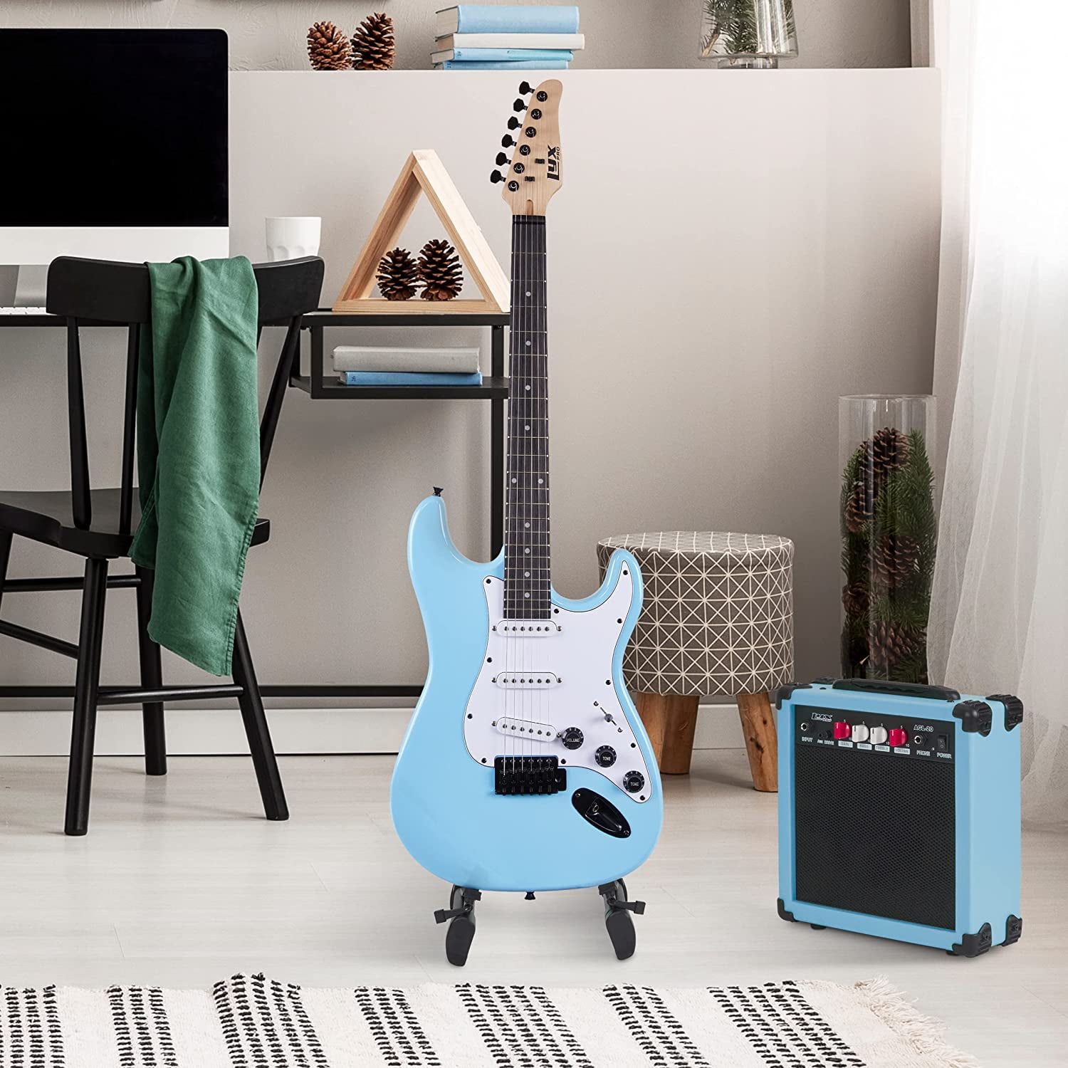 LyxPro Electric Guitar 39 Inch Beginner Kit w/ 20W Amp, Accessories - Retro Blue