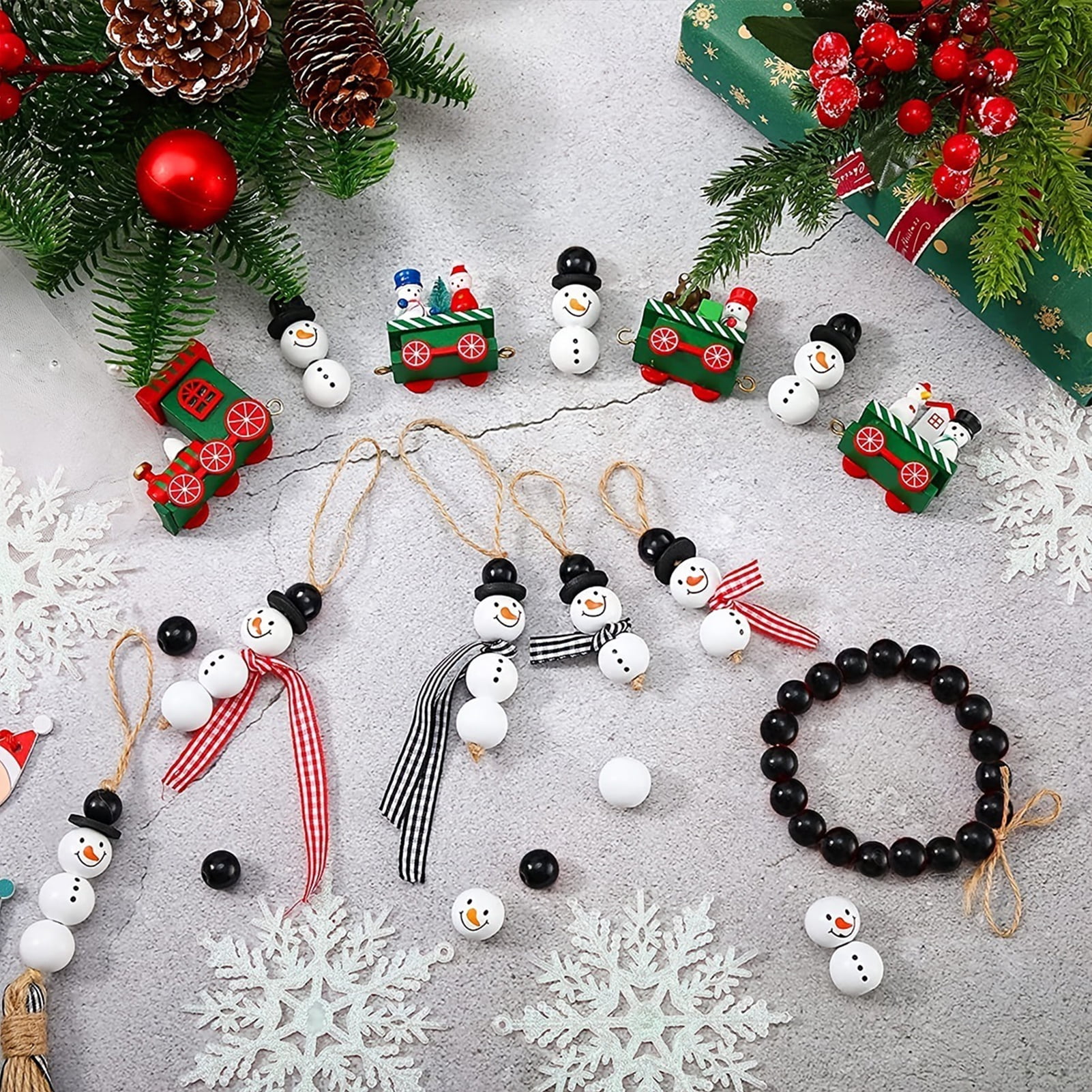 Opvise 50/100Pcs Christmas Snowman Wooden Beads Heavy Duty DIY Craft Handmade Bracelet Necklace Jewelry Making Cartoon Snowman Loose Beads Kit for Christmas 100pcs