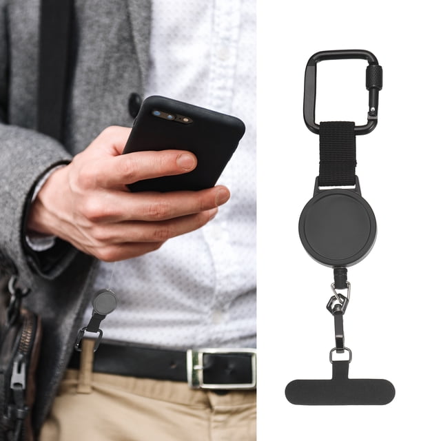 Correa Antirrobo Uxcell para Teléfono (Estirable de 20 a 73 cm, Negra) Lanyard Retráctil con Tab de Sujeción de Acero, Ideal para Esquí/Excursionismo/Escalada/Pesca
