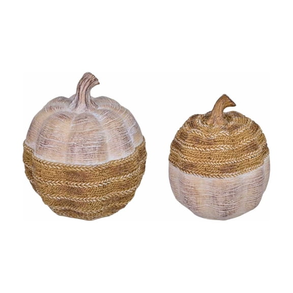 Set of 2 Farmhouse Rustic Pumpkin Decor for Fall Thanksgiving Harvests and Seasonal Home Decoration - Woven Resin Figurines for Tables Shelves and Mantels