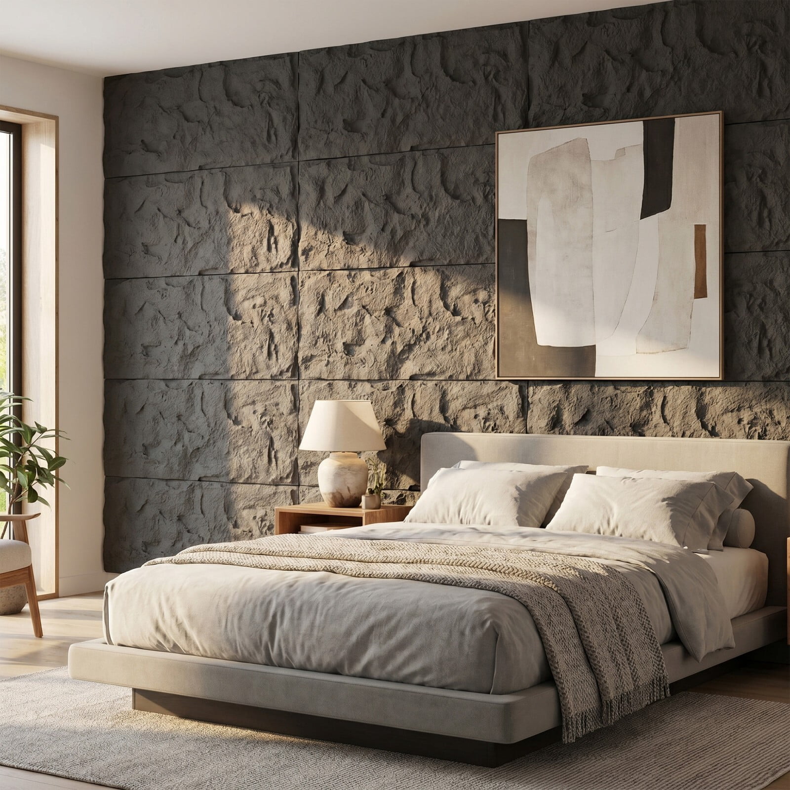 Plank & Hue 4Pcs 48"x24" 3D Faux Stone Wall Panels, Imitation Stone Wall Décor Wainscot Panel Board for Interior Accent Walls, Carbon Gray
