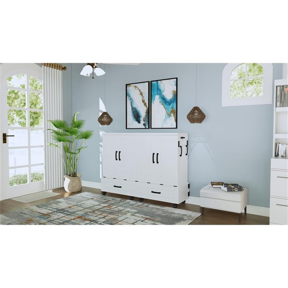 RoomAndLoft Queen Size Mobile Murphy Cabinet Bed in White Solid Wood