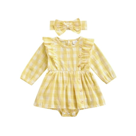 

Sunisery Newborn Infant Baby Girls Rompers Plaid Ruffle Jumpsuit Playsuit Headband Autumn Spring Clothes Yellow 12-18 Months