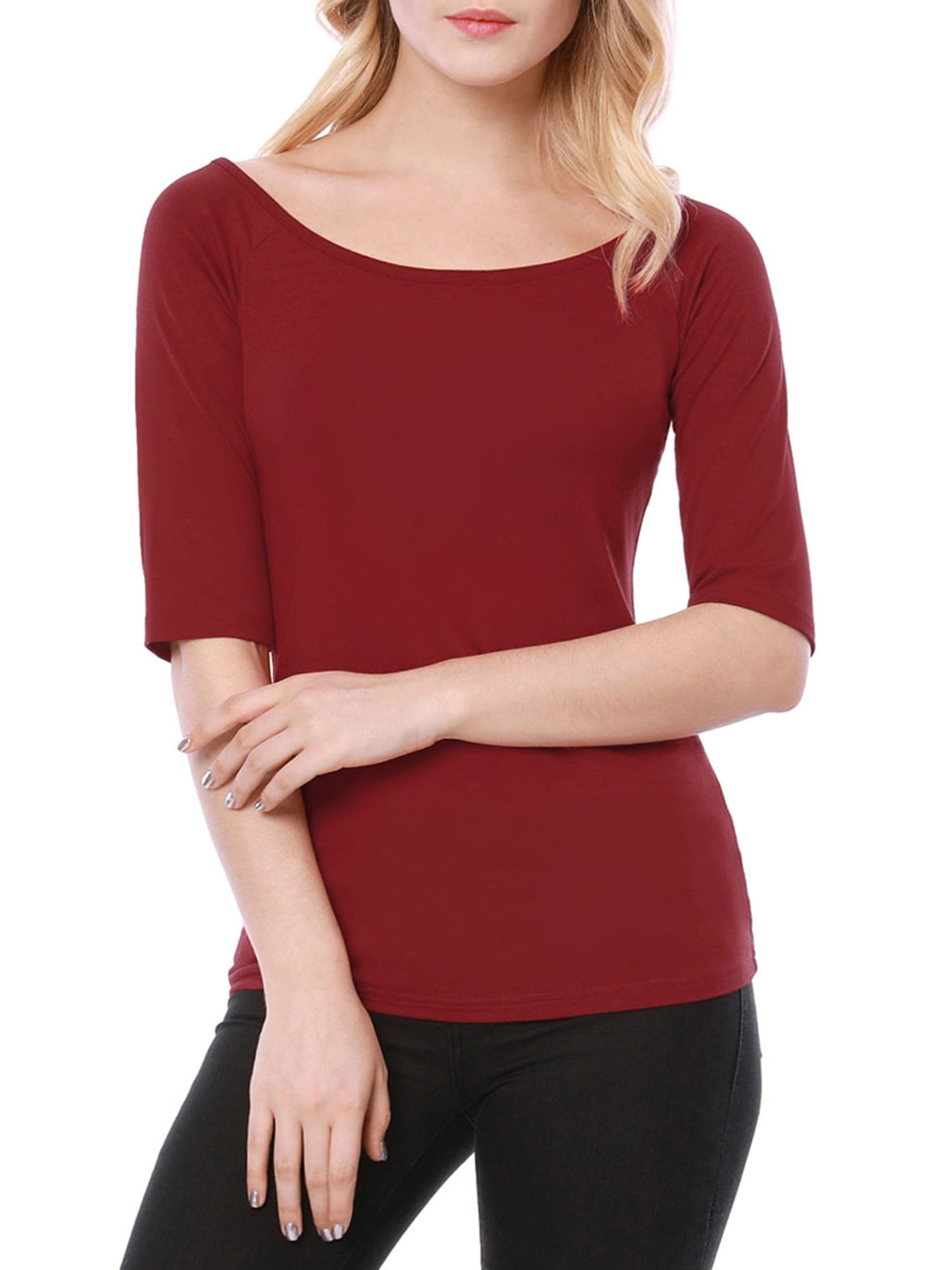 DARING DIVA Women's Slim Fit Pullover Boat Neck Stretchable T-Shirt L Red