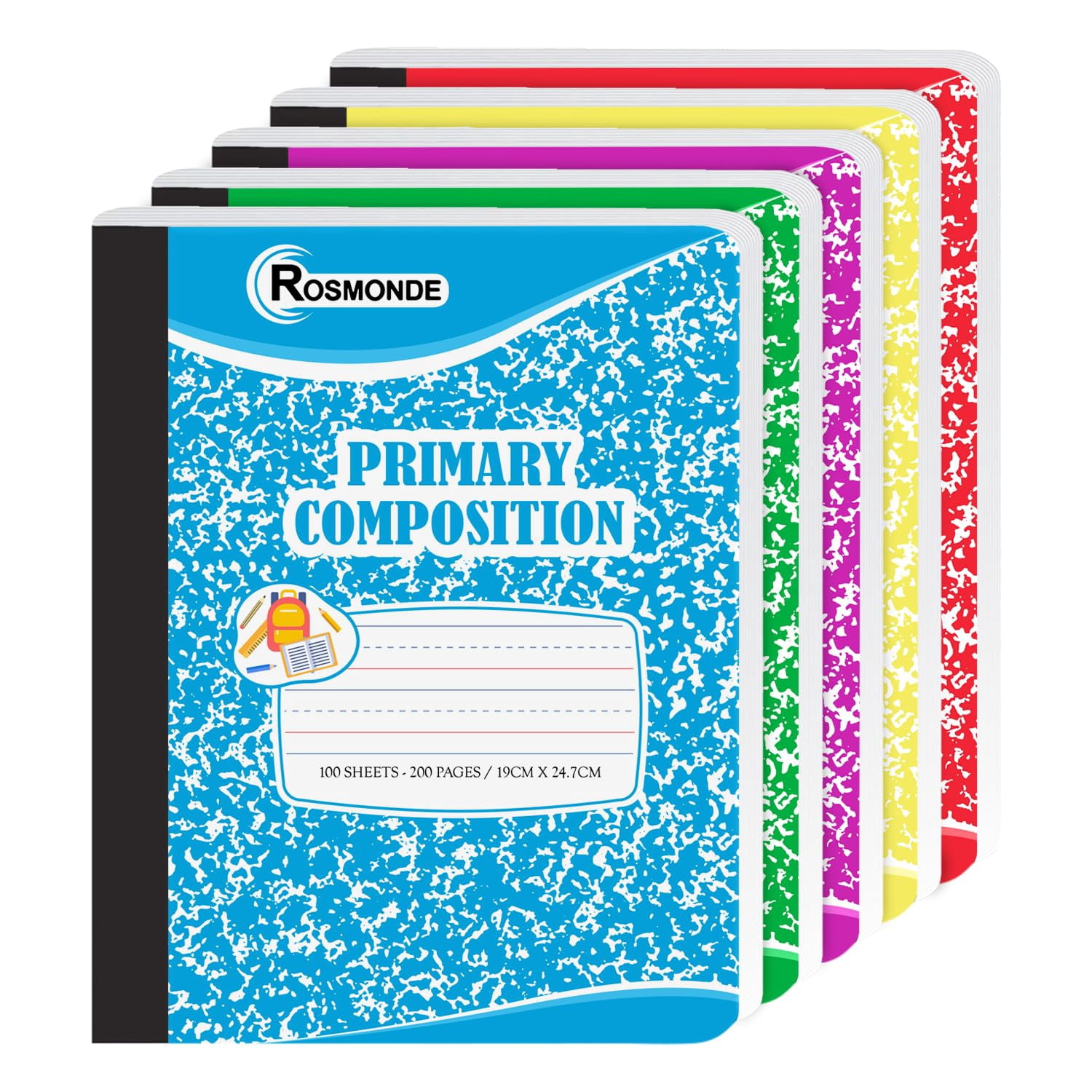 Rosmonde Composition Notebooks Primary Ruled 50 Pack, 200 Pages (100 Sheets), Color Marble Composition Notebook, Sewn Binding Hard Cover, Primary Composition Notebook for Kids, Writing Dotted Lined