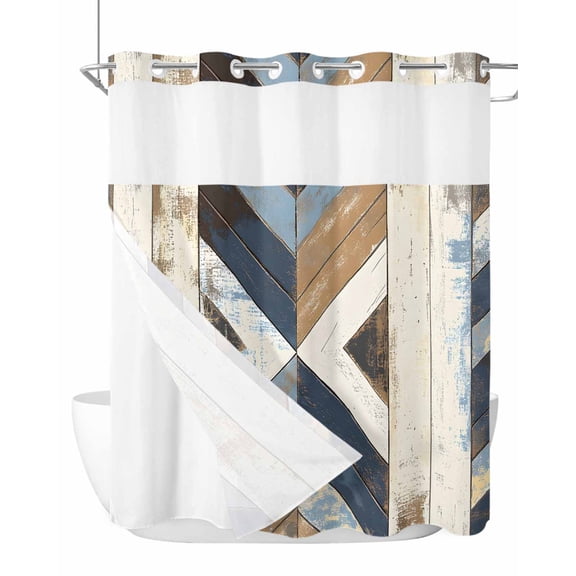 No Hook Cloth Fabric Shower Curtain with Snap in Liner, Beige Blue Wooden Waterproof Shower Curtains Set with See Through Top Window, Farmhouse Vintage Abstract Wood Bath Curtains Shower 66"x72"