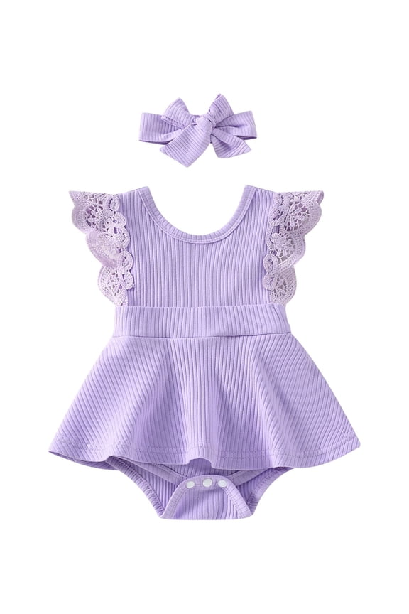 Summer Lovely Baby Girls Romper Dress Headband 2pcs Lace Fly Sleeve Solid Ruffles Jumpsuits 2pcs Set