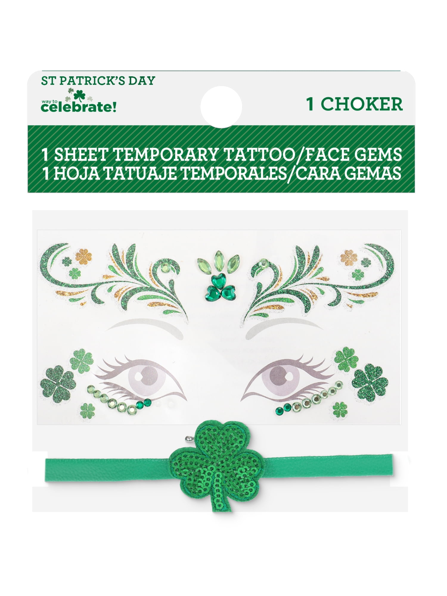 Way to Celebrate St. Patrick's Day Choker Necklace and Face Tattoo Set, 2 Piece