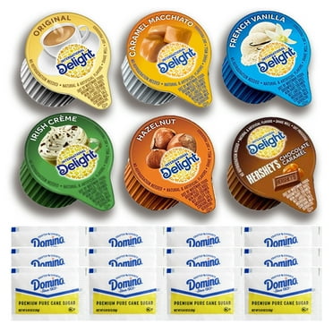 International Delight Caramel Macchiato, Original, Chocolate Caramel, Irish Creme, Hazelnut, French Vanilla Coffee Creamers 0.5 fl. oz   Domino Pure Cane Sugar Packets l Pack of 150