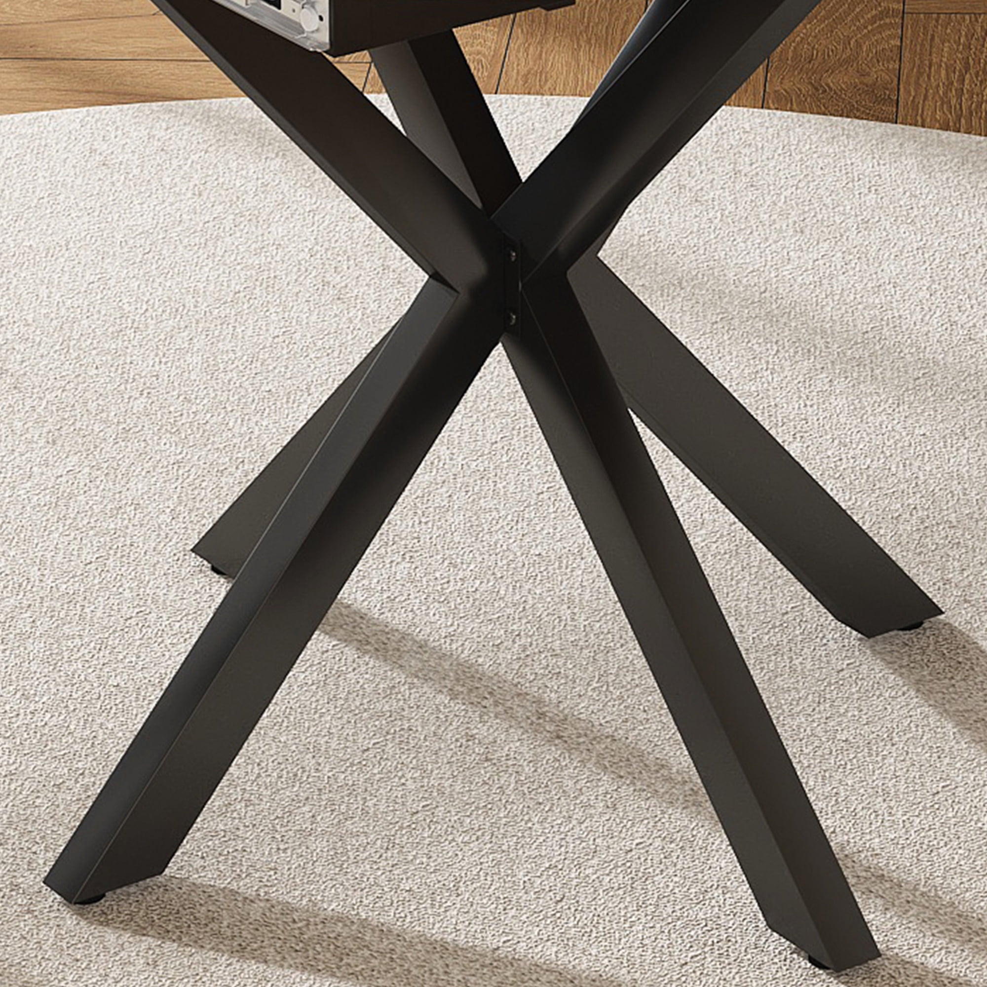 PORKISS 59" Extendable Round Dining Table for 6, Modern Kitchen Table with Carbon Steel Base, Dining Room Table with Thickened Wood Grain Tabletop, Perfect for Small Space, Walnut+Black