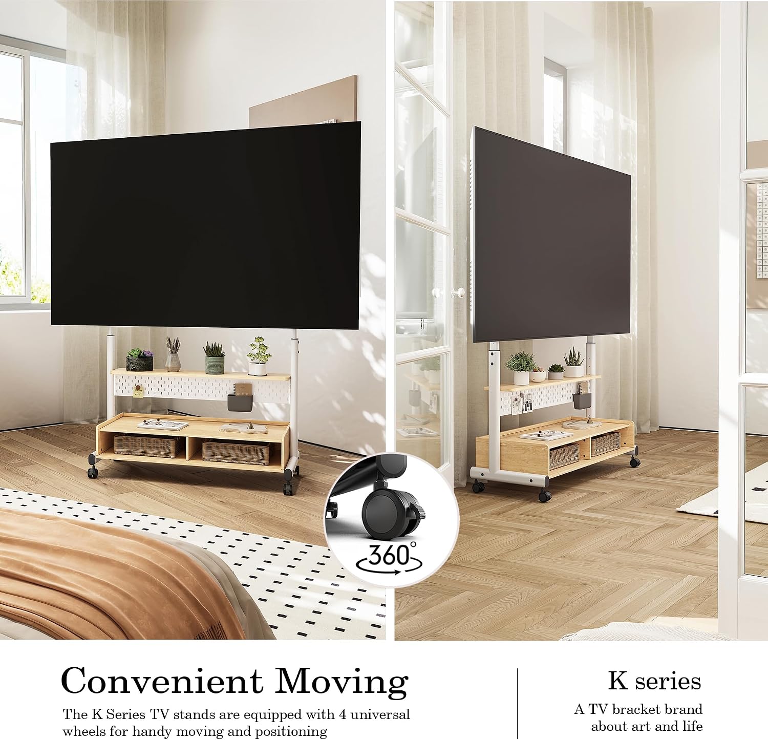 FITUEYES Rolling TV Stand for 70–100 Inch TVs, White & Light Wood, Wood Shelf & Pegboard