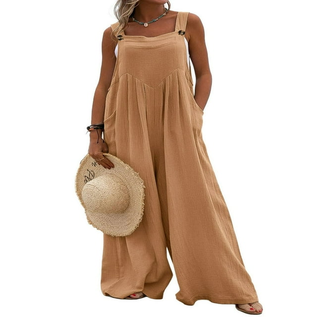 Wide Leg Overalls for Women Sleeveless Jumpsuits Suspender Overalls with Pockets