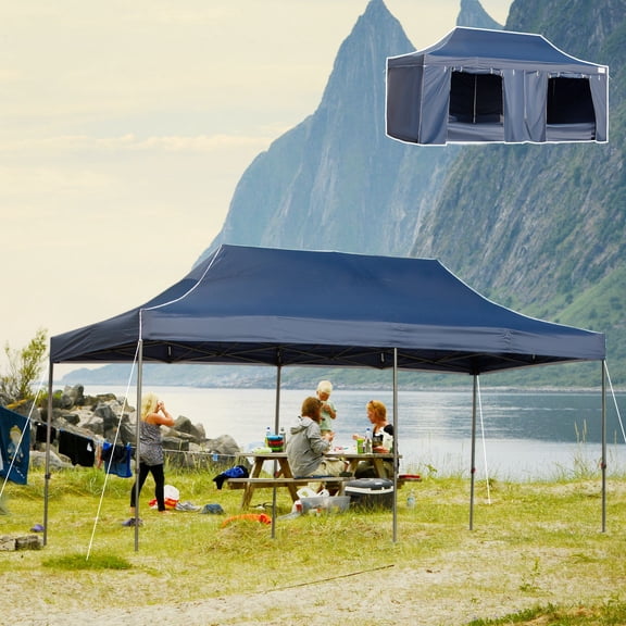 Outsunny 10' x 20' Pop Up Canopy Tent with Sidewalls & Doors, Instant Tents for Parties with Wheeled Carry Bag, Height Adjustable, for Outdoor, Garden, Patio, Blue