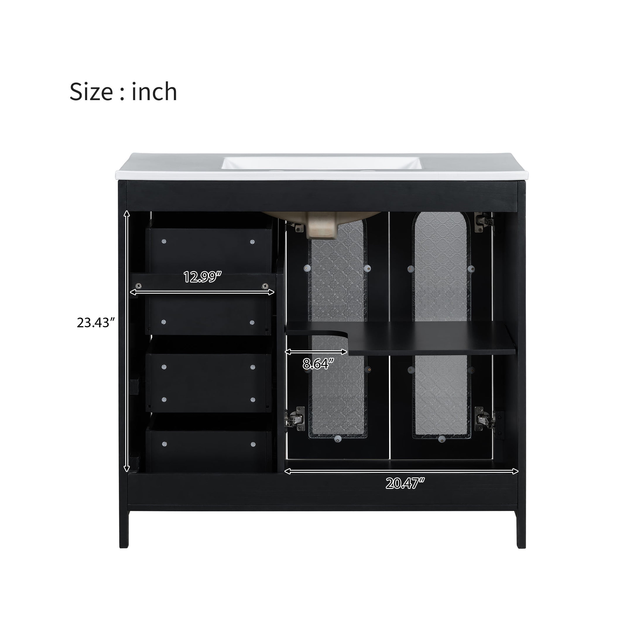 Corlix Modern Bathroom Vanity with Ceramic Sink, Shelves, Drawers, Wood, Black