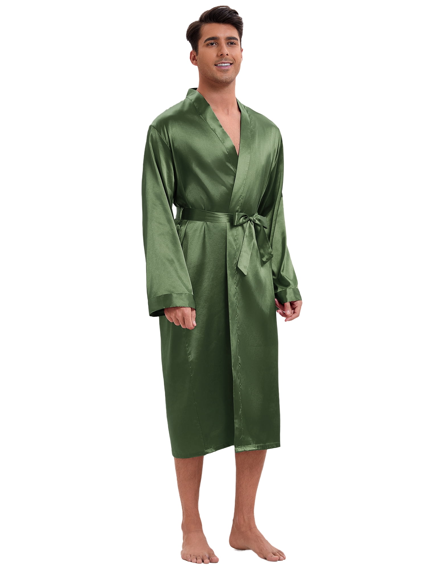 DARING DIVA Men's Long Sleeve Kimono Bathrobe Sleepwear with Shorts Set L Green