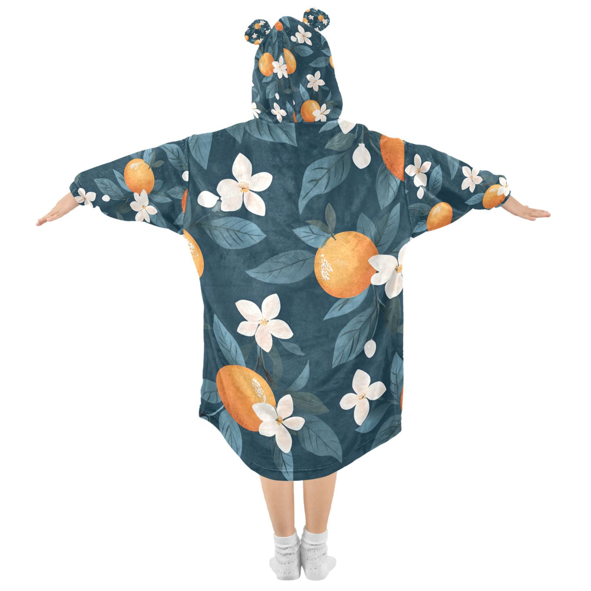 FORMRS Wearable Blanket Hoodie with Sleeves for Kids Cozy Flannel Sweatshirt, Oranges Pattern