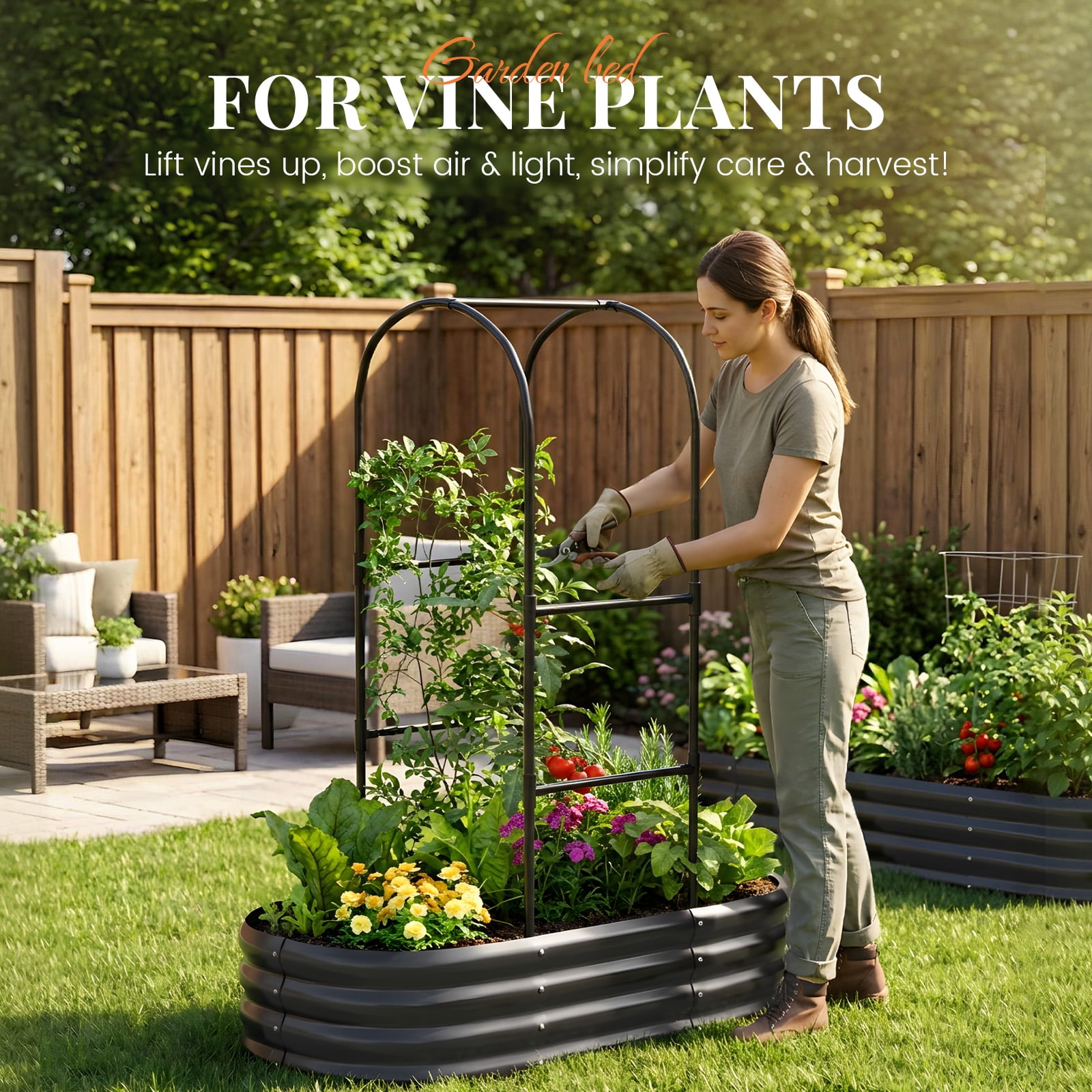 KING BIRD 4x2x1 ft Raised Garden Bed with Arched Trellis Galvanized Steel Metal Planter Garden Box Outdoor for Gardening Climbing Vegetables Flowers Dark Gray