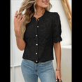 thumbnail image 5 of Womens Lace Short Puff Sleeve Casual Eyelet Crew Neck Button Down Shirts Black S, 5 of 7