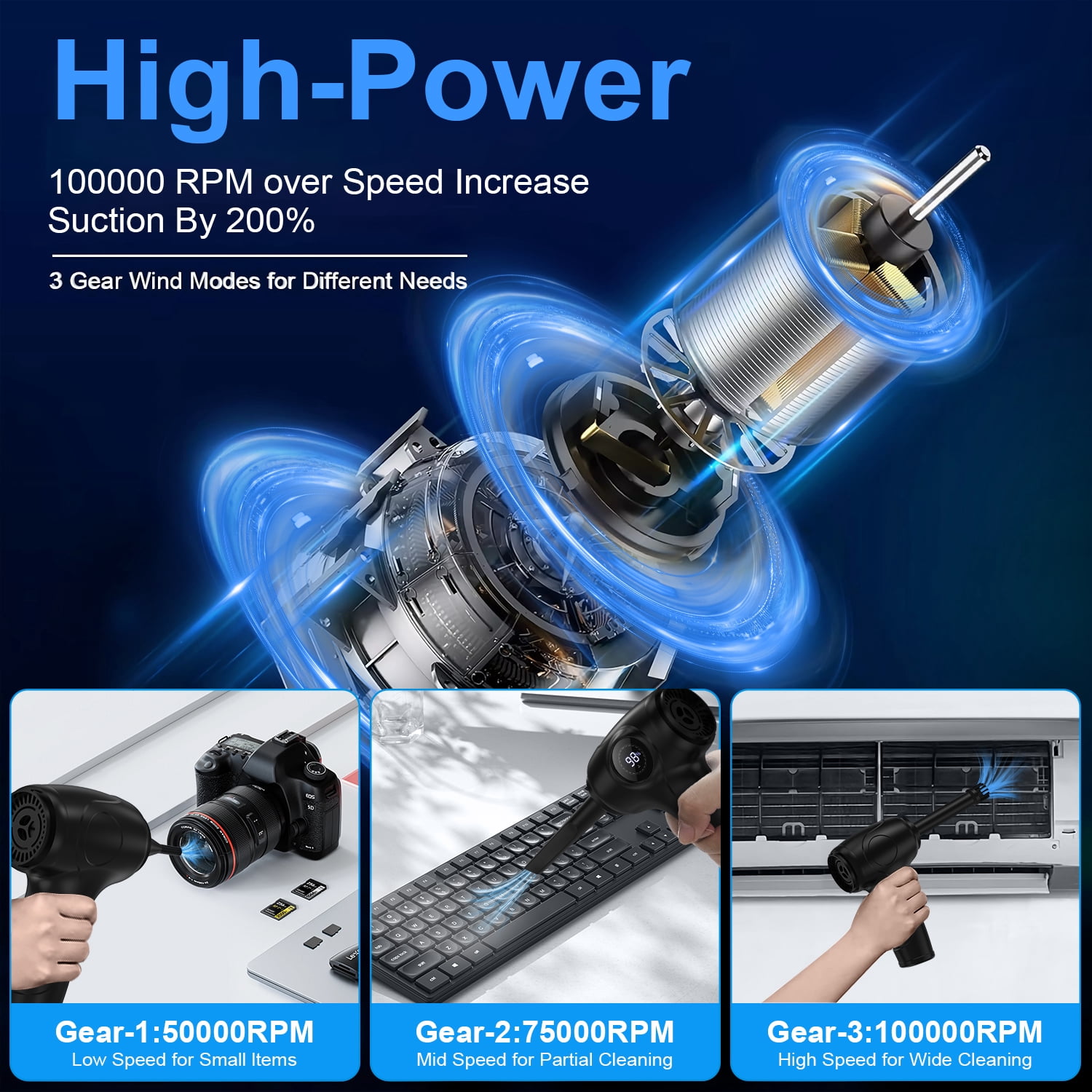 Compressed Air Duster Cordless Handheld Vacuum,AILKIN 6000mAh with LED Light 3-Gear Speed Air Blower Electric Air Duster Cleaner for Computer Keyboard Cleaning,Car,Electronics,Pet Hair,Office