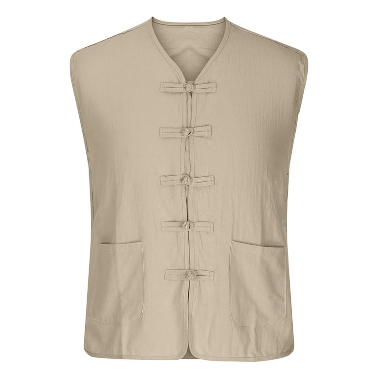 Mens Cotton Linen Tank Tops Chinese Button Sleveeless Shirt Retro