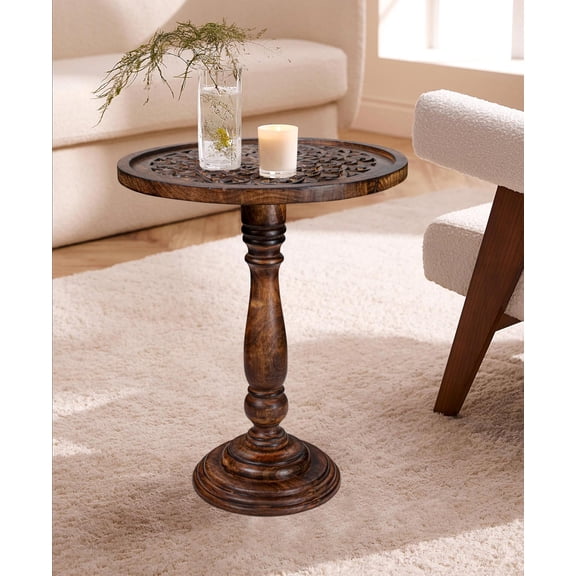 Wooden Coffee Table,End Table with Single Pillar,Small Table,Night Stand,Side Table,Bedside Table,Living Room Side Table for Magazines, Books & Plants - 18"x22" - Burnt