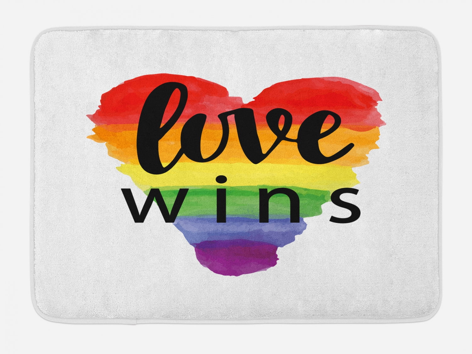 Pride Bath Mat, Inspirational Gay Rights Slogan Love Wins on Watercolor Artistic Heart Shape