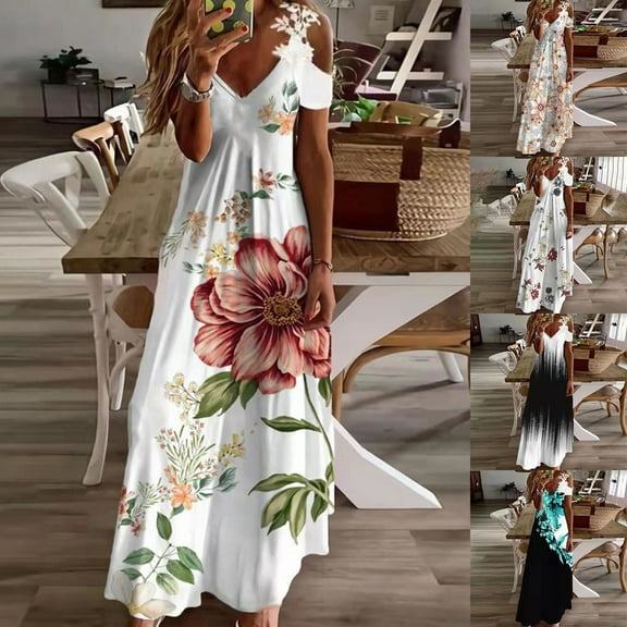 Jacenvly New Formal Dresses for Women Summer Lace Suspender V-Neck Fashion Print Loose Dress Suspender V-Neck Dress Quick Drying Trendy Beach Dresses for Women 2024 Vacation Beige