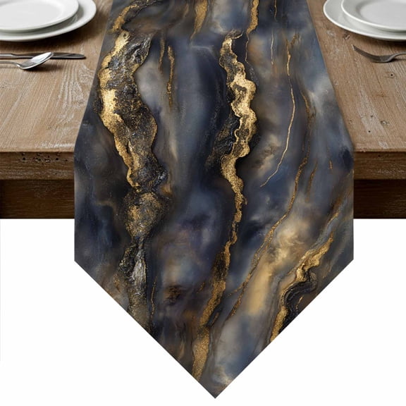 Modern Abstract Table Runner Linen Burlap Table Runner 90 Inches Long Luxury Black Golden Marble Texture Dresser Scarves for Kitchen Island Coffee Dining Party Wedding Banquet Holiday Decor 13"x90"